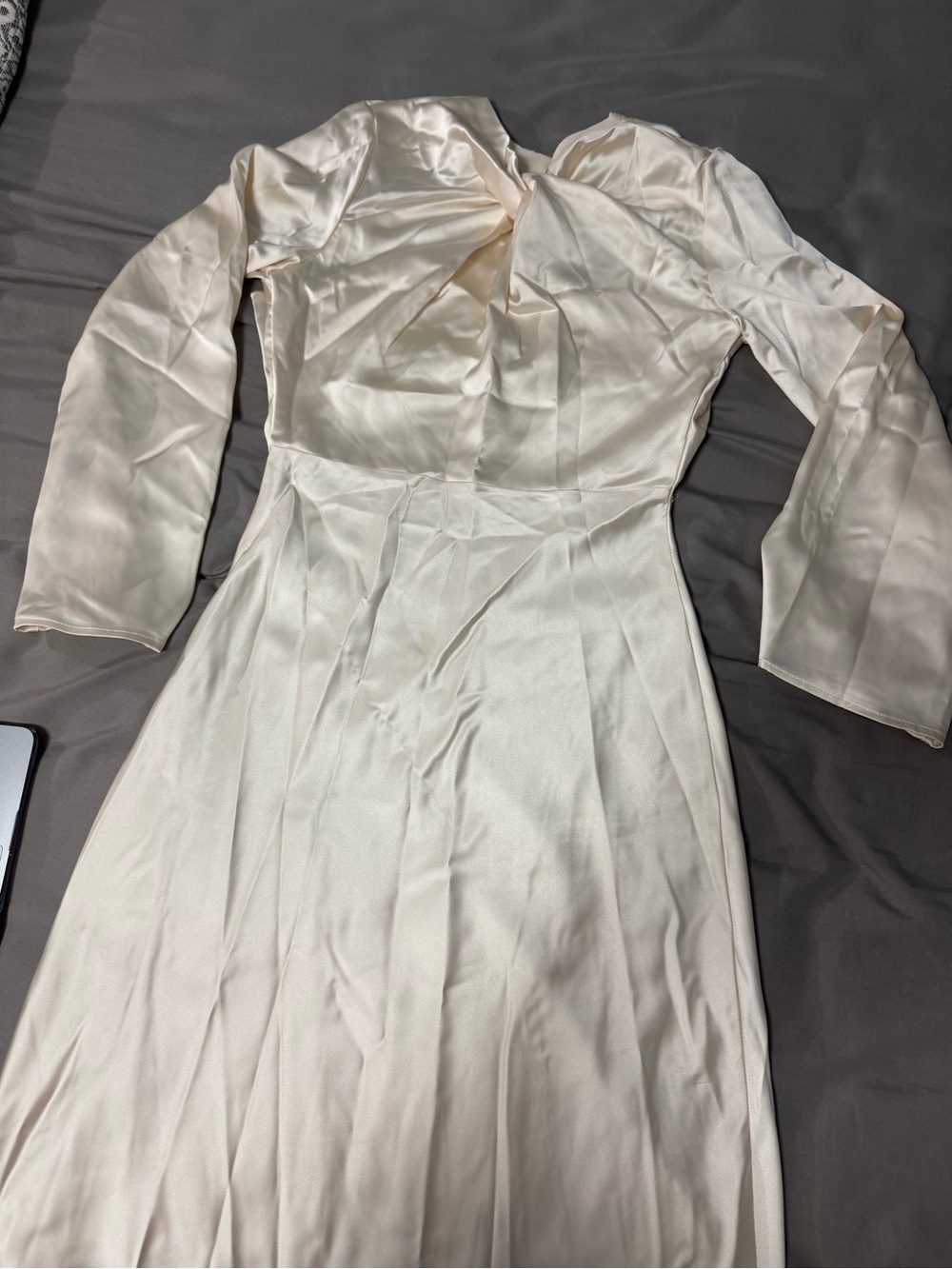Elegant Cream Satin Long-Sleeve Dress